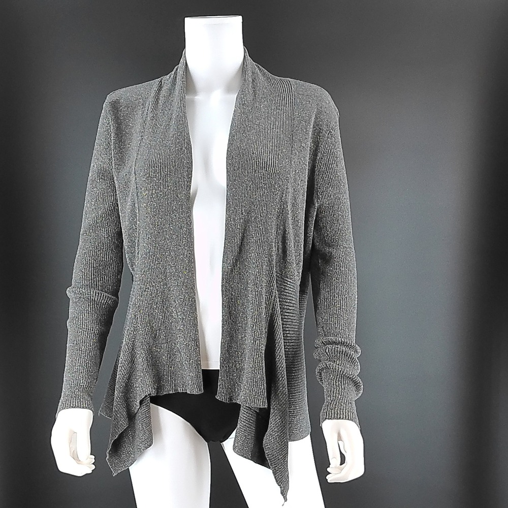 Verve Ami Womens Medium Metallic Silver Grey Open Front Draped Cardigan Sweater
